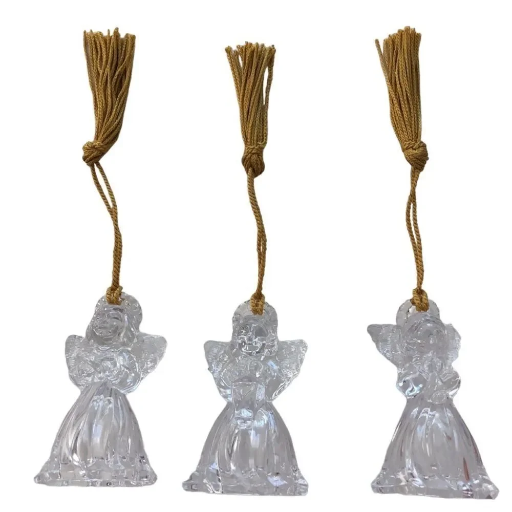 SET 3 VINTAGE GORHAM LEAD CRYSTAL ANGEL ORNAMENTS WITH GOLD TASSELS